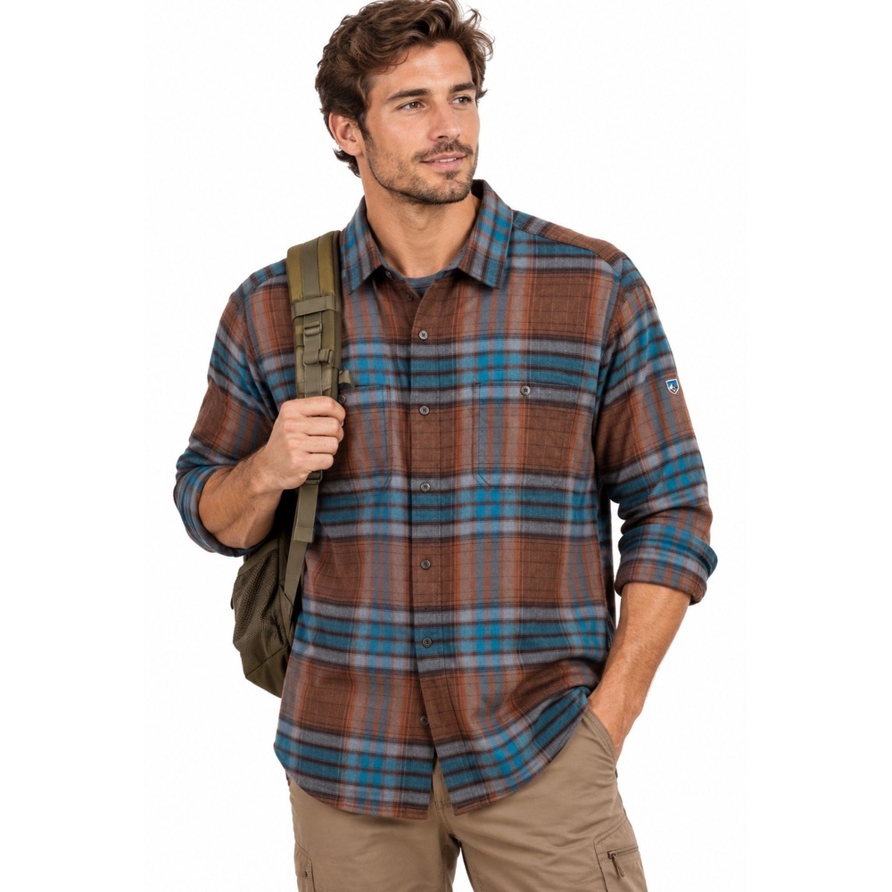 Kuhl Fugitive Flannel Shirt Mens Size XXL Brown Blue Plaid Outdoors Gorpcore